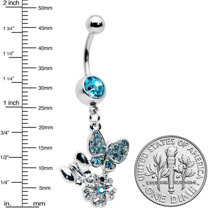 Blue Gem Butterflies Tiny Flower Dangle Belly Ring