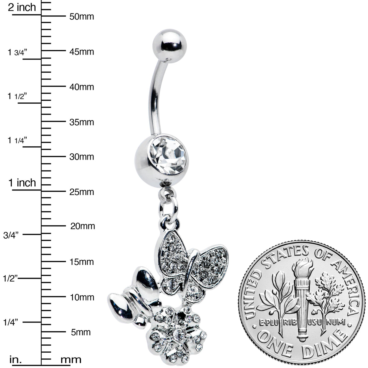 Clear Gem Butterflies Tiny Flower Dangle Belly Ring
