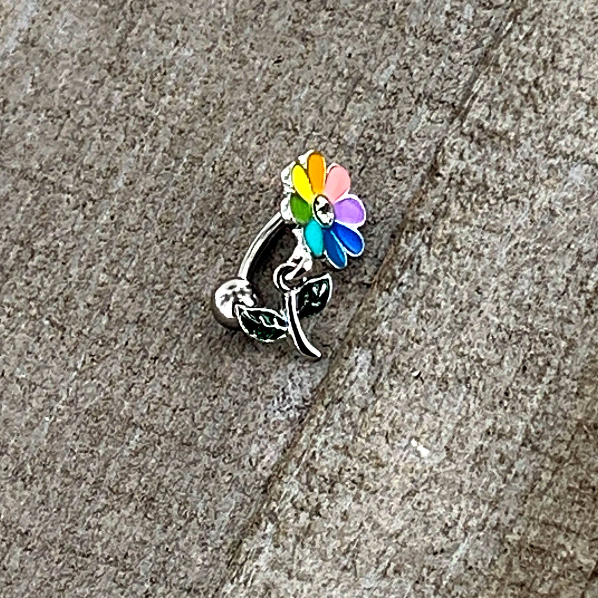 Clear Gem Rainbow Pride Flower Top Mount Dangle Belly Ring
