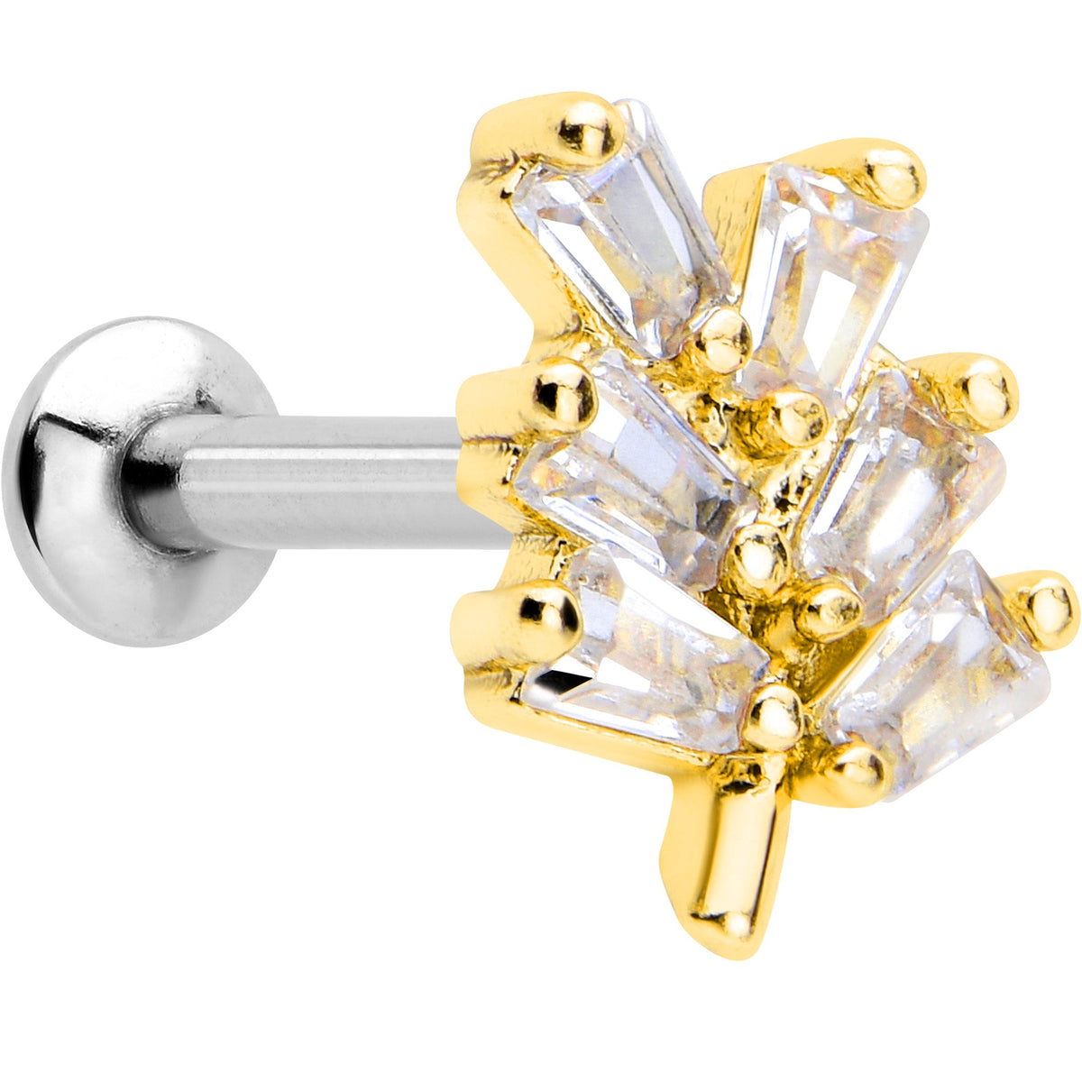 16G 1/4 Clear CZ Gem Leafy Golden Branch Threadless Labret Tragus