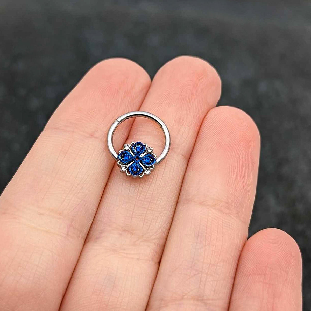 16G 3/8 Blue Clear Gem Embellished Cross Hinged Segment Ring
