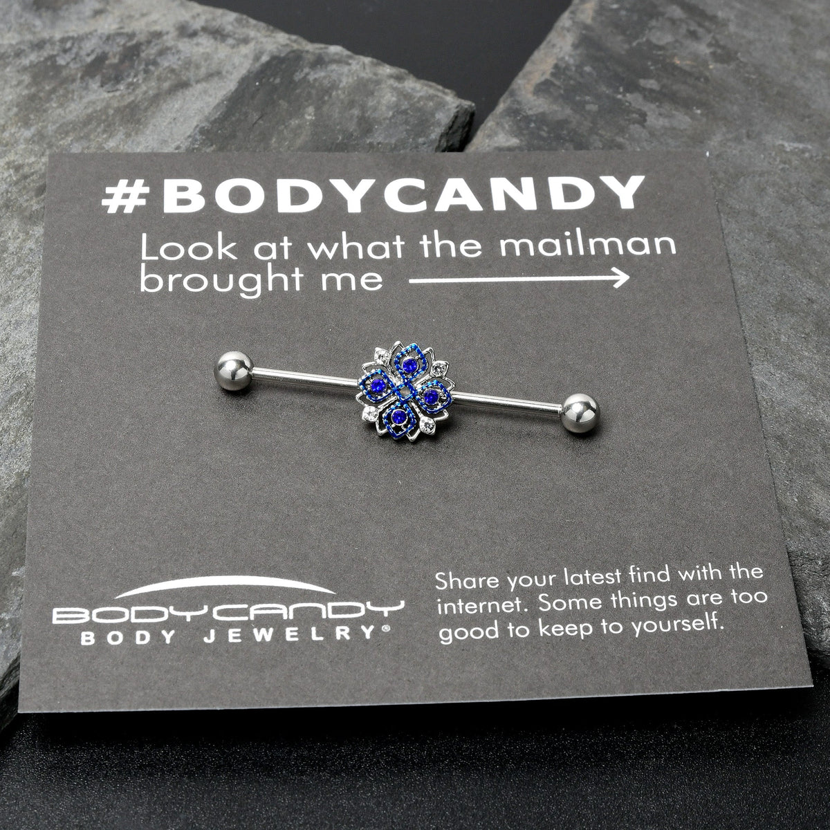 14G Clear Blue Gem Embellished Cross Industrial Barbell 38mm