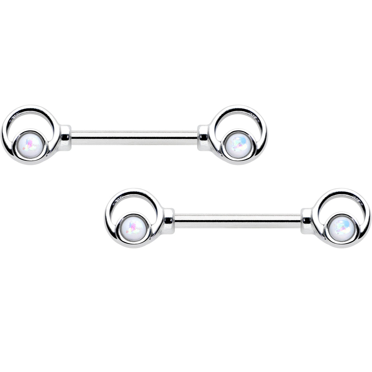 14G 1/2 White Faux Opal Double Circle Barbell Nipple Ring Set