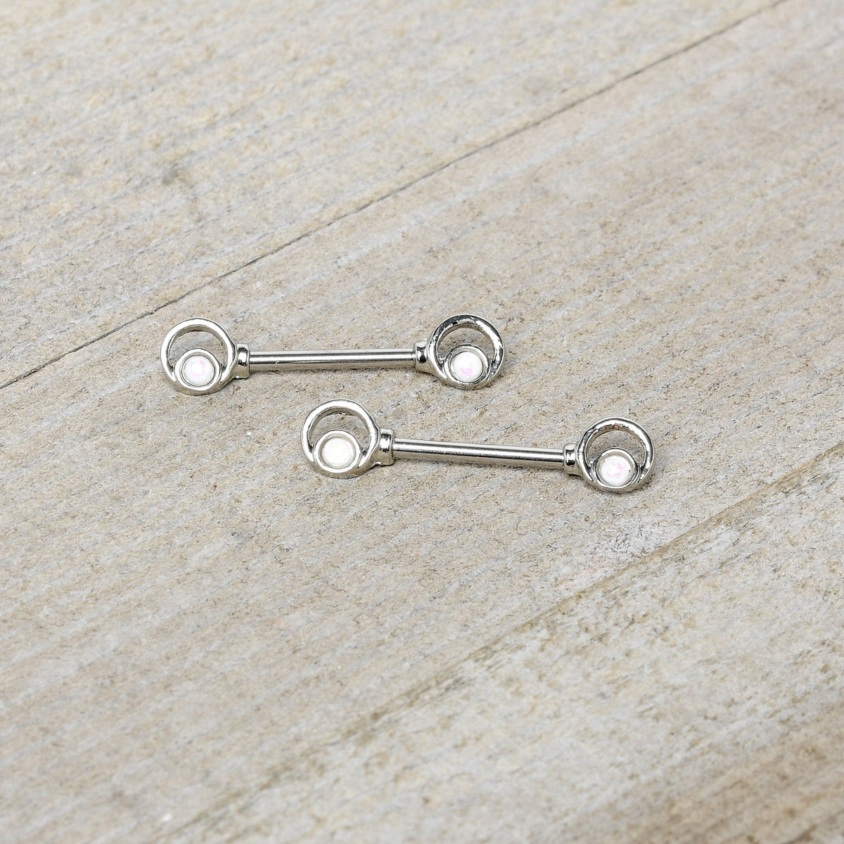 14G 1/2 White Faux Opal Double Circle Barbell Nipple Ring Set