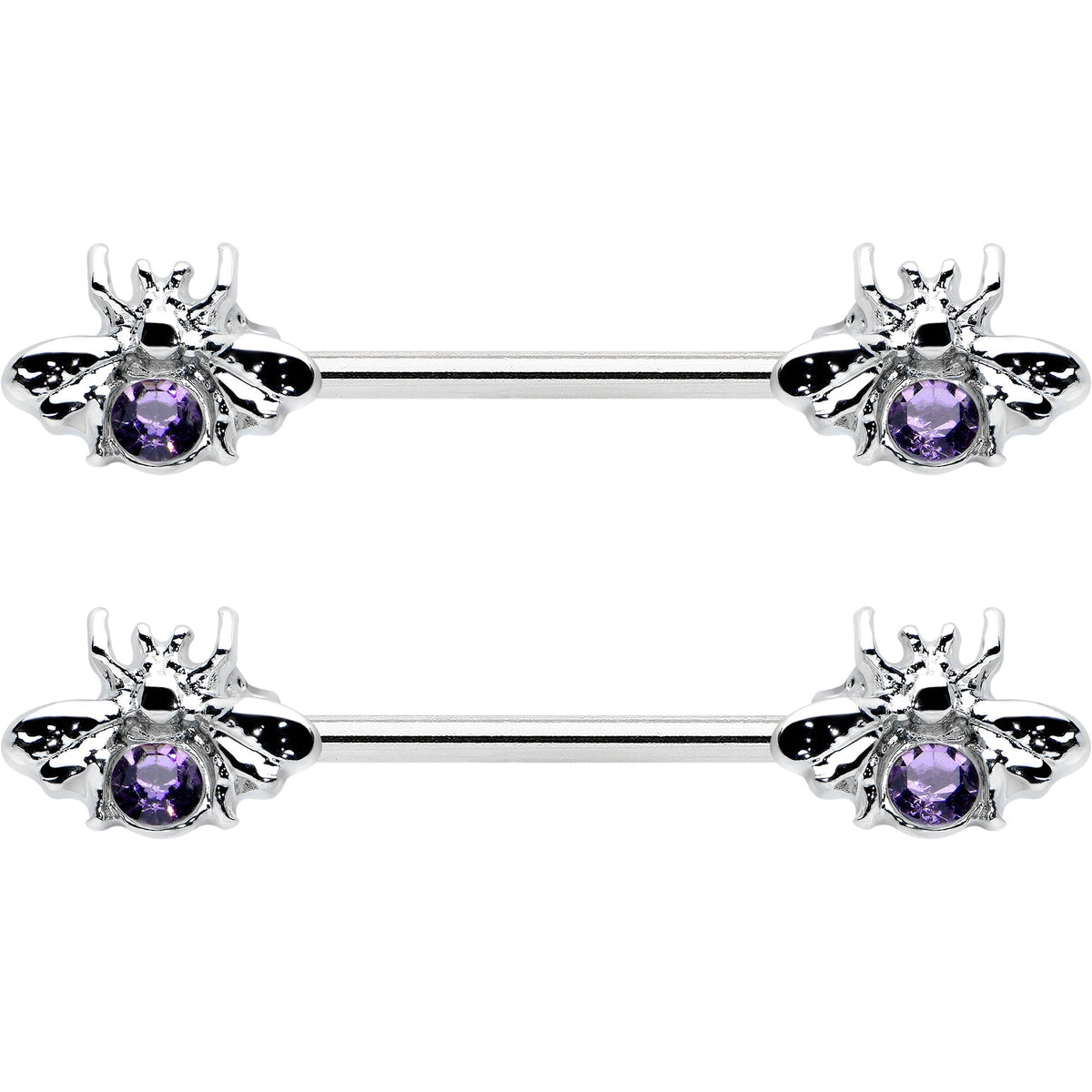 14G 9/16 Purple Gem Bee Beautiful Insect Barbell Nipple Ring Set