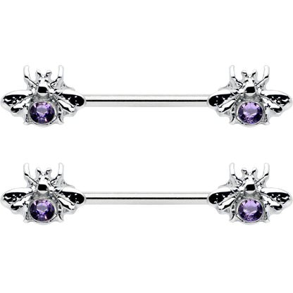 14G 9/16 Purple Gem Bee Beautiful Insect Barbell Nipple Ring Set