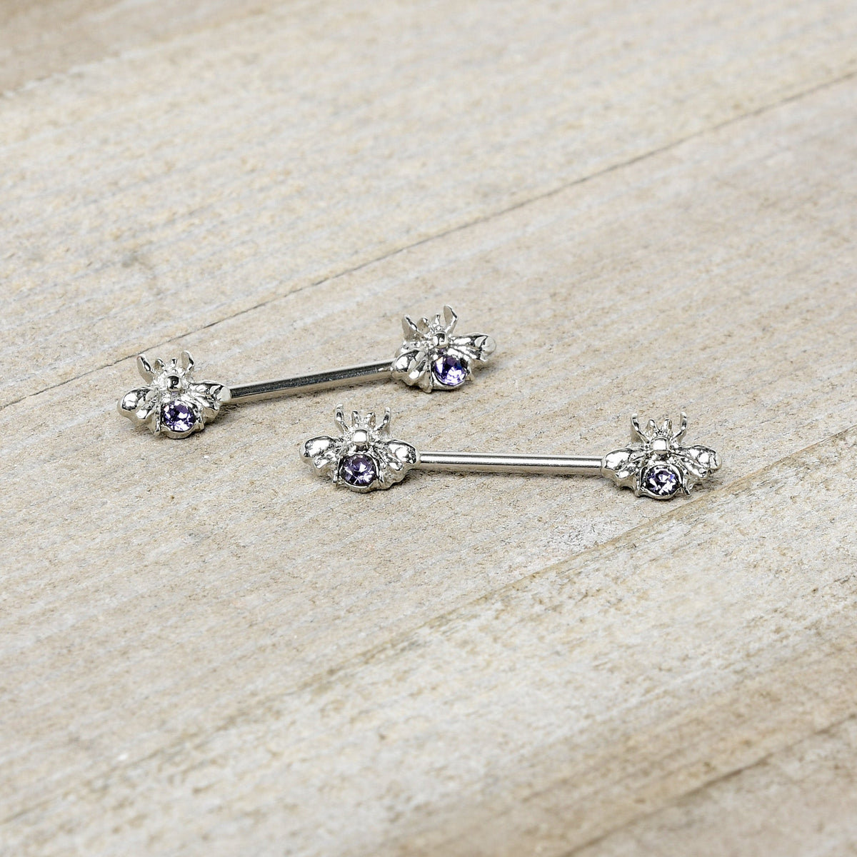 14G 9/16 Purple Gem Bee Beautiful Insect Barbell Nipple Ring Set