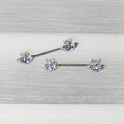 14G 9/16 Purple Gem Bee Beautiful Insect Barbell Nipple Ring Set