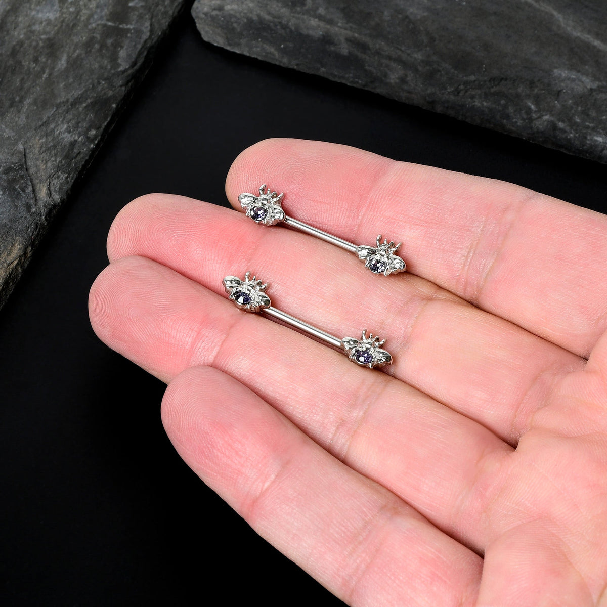 14G 9/16 Purple Gem Bee Beautiful Insect Barbell Nipple Ring Set