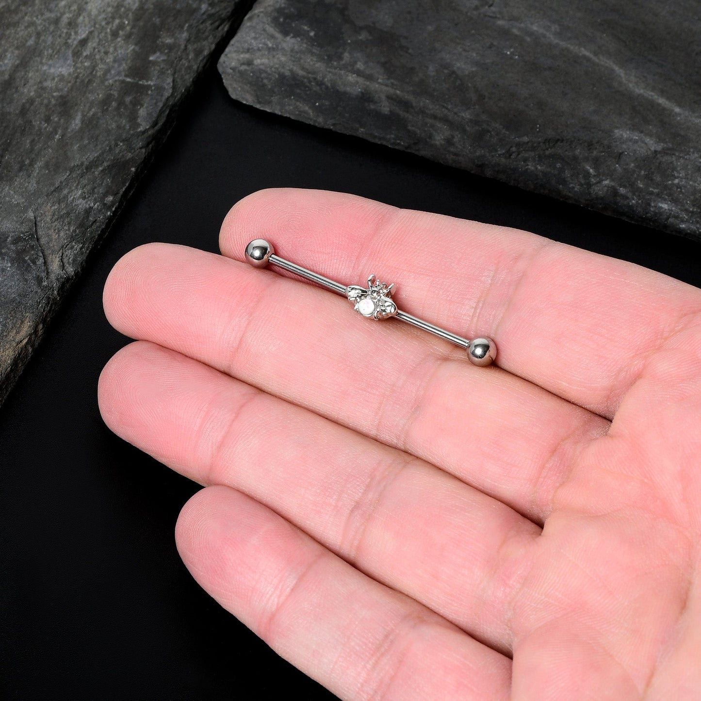 14G White Faux Opal Bee Beautiful Insect Industrial Barbell 38mm