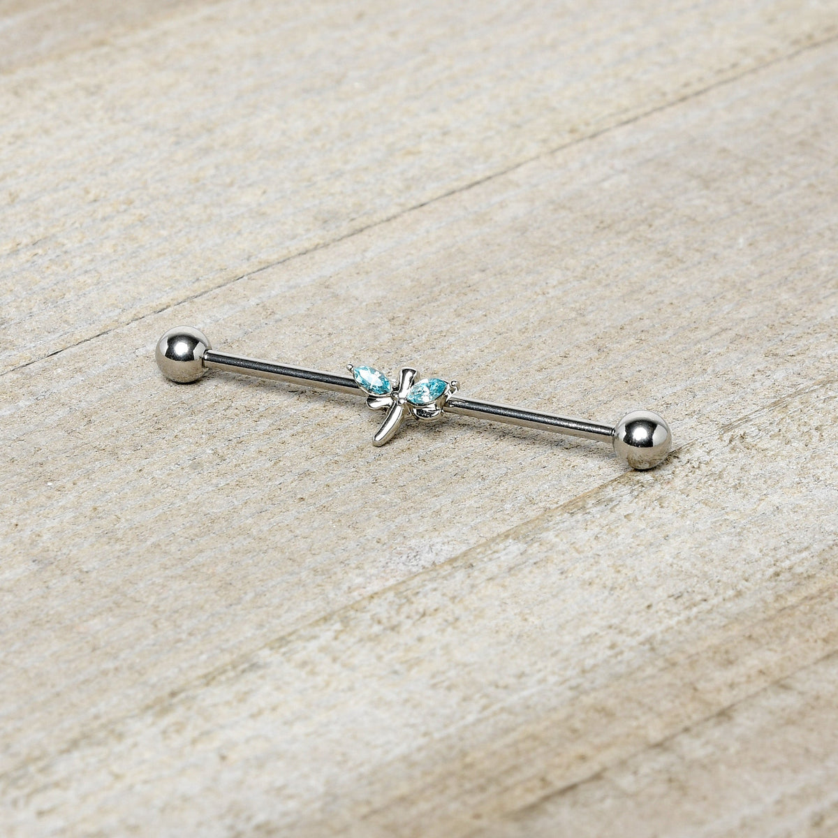 14G Blue Gem Simple Stylized Dragonfly Industrial Barbell 38mm