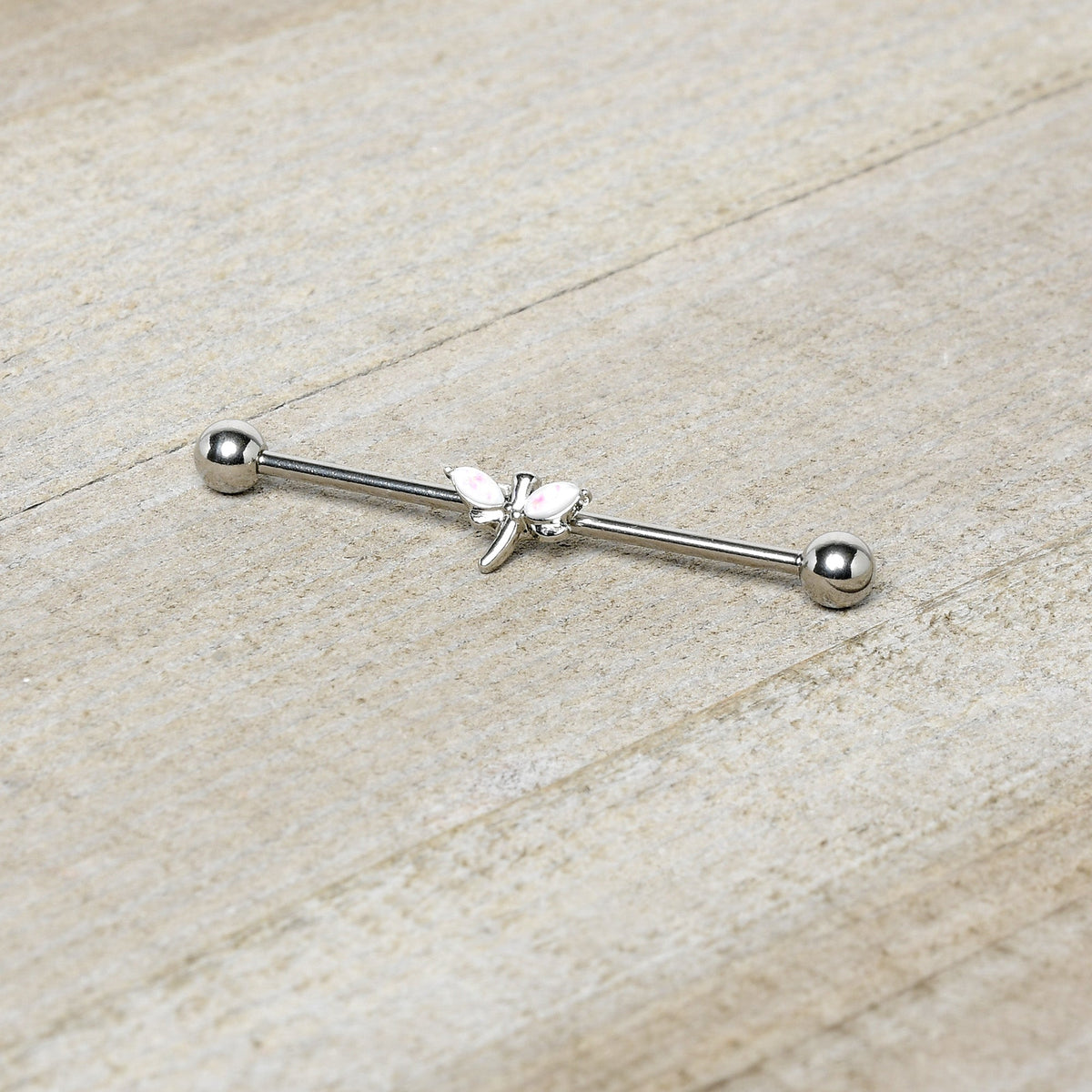 14G White Faux Opal Simple Style Dragonfly Industrial Barbell 38mm