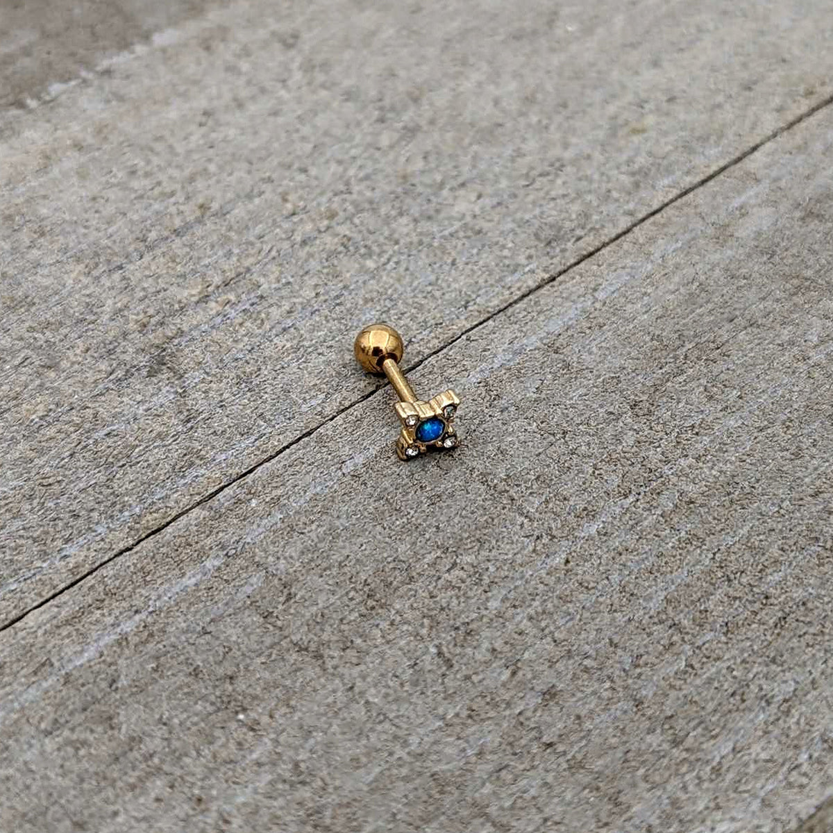 16G 1/4 Blue Synthetic Opal Gold Tone Rhombus Cartilage Earring