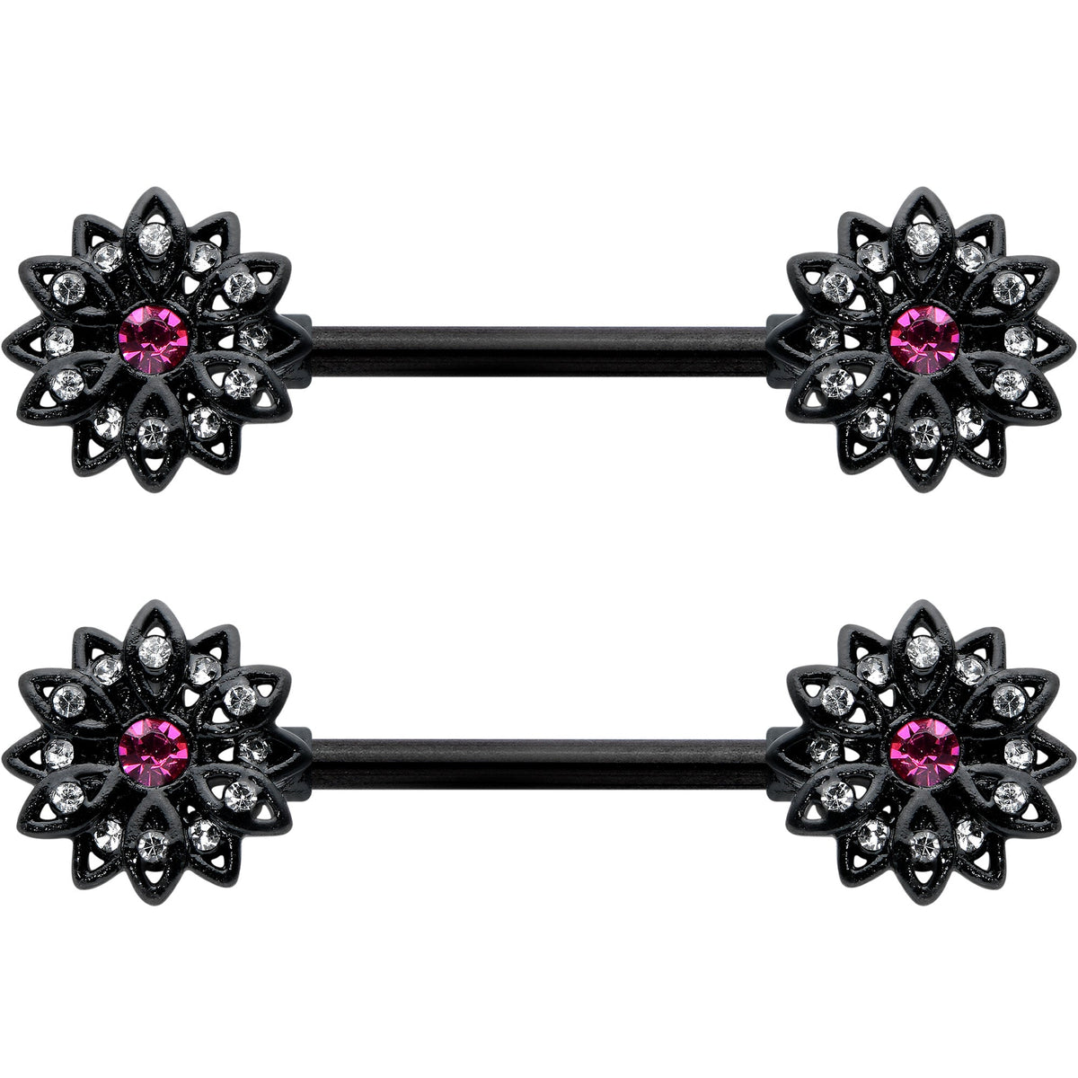 14G 9/16 Clear Gem Black Midnight Flower Barbell Nipple Ring Set