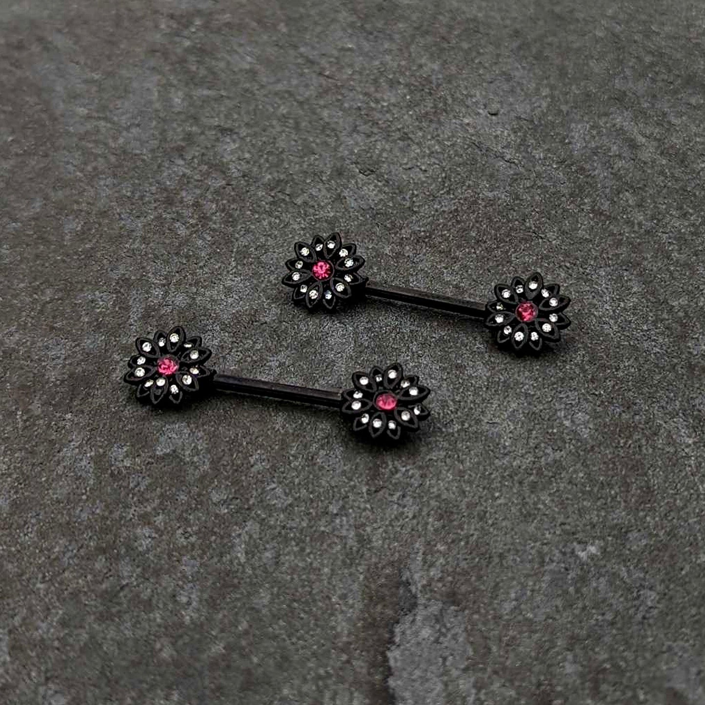 14G 9/16 Clear Gem Black Midnight Flower Barbell Nipple Ring Set