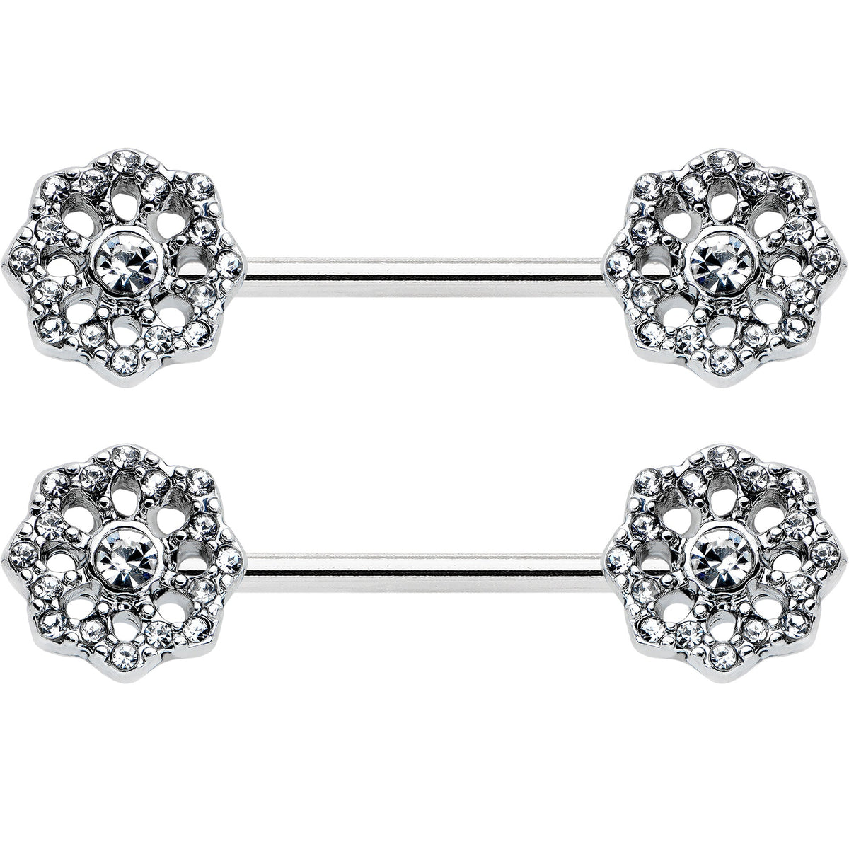 14G 9/16 Clear Gem Epic Fabulous Flower Barbell Nipple Ring Set
