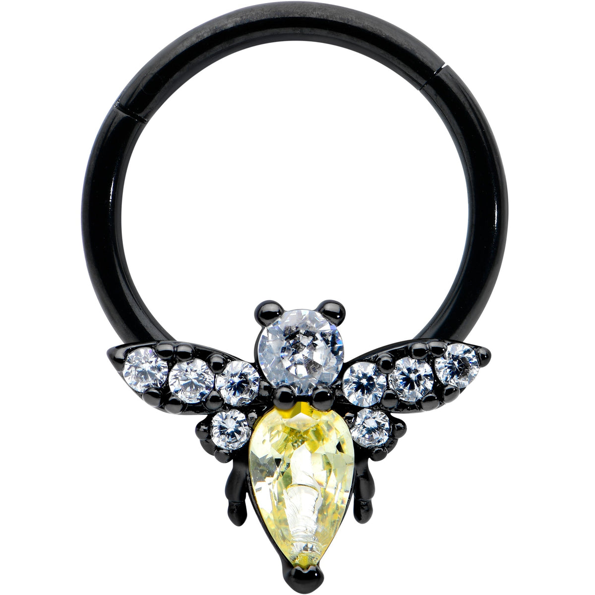 16G 3/8 Yellow Clear Gem Black Butterfly Hinged Segment Ring