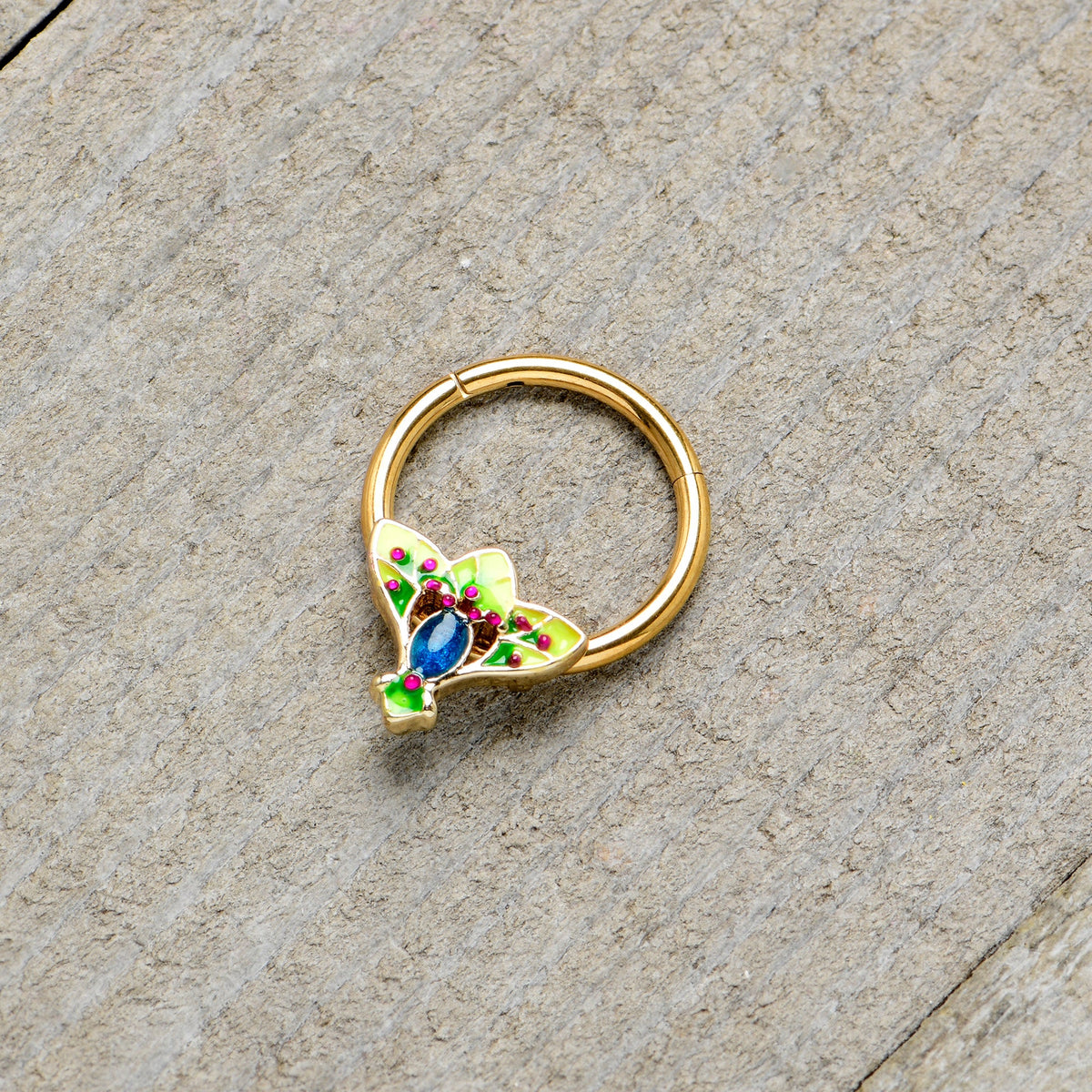 16G 3/8 Blue Gem Gold Tone Tropic Fan Hinged Segment Ring