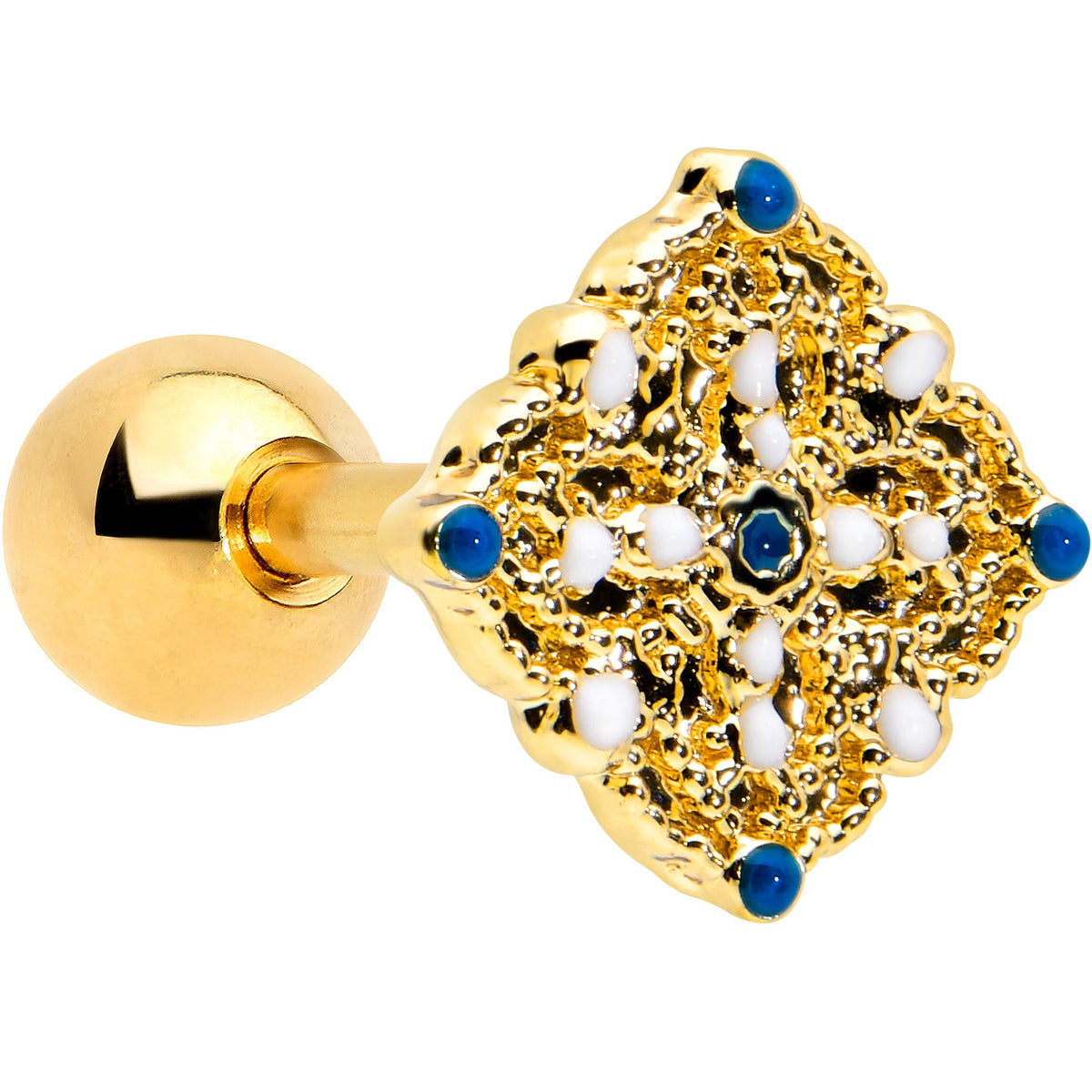 16G 1/4 Blue Gem Gold Tone Lacy Rhombus Cartilage Tragus Earring