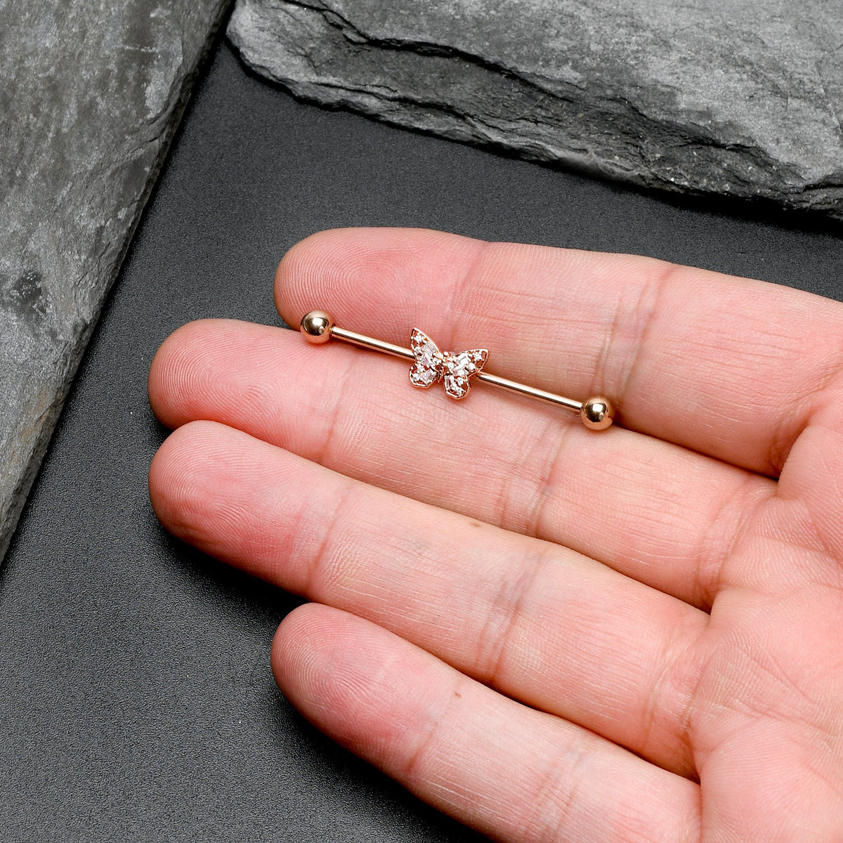 14G Clear Gem Rosy Tone Baroque Butterfly Industrial Barbell 38mm
