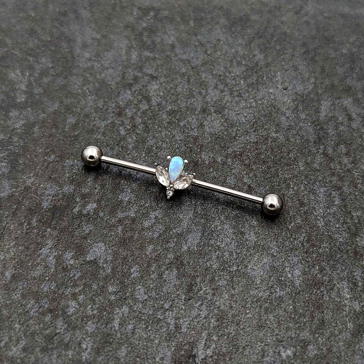 14G White Faux Opal Style Flower Industrial Barbell 38mm