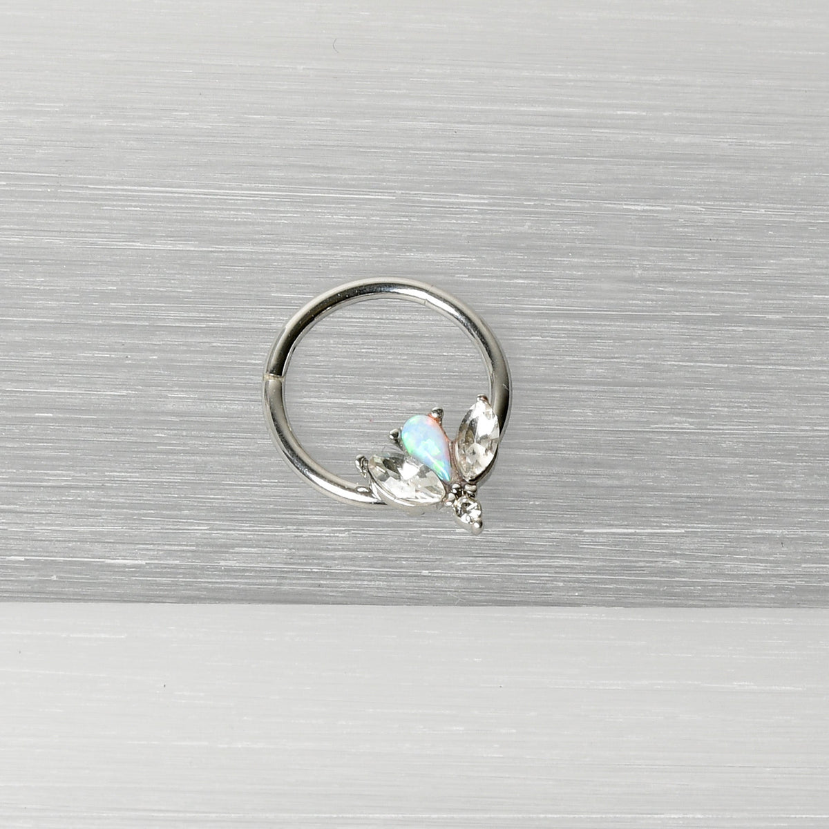 16G 3/8 White Faux Opal Style Flower Hinged Segment Ring