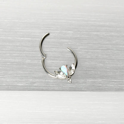 16G 3/8 White Faux Opal Style Flower Hinged Segment Ring