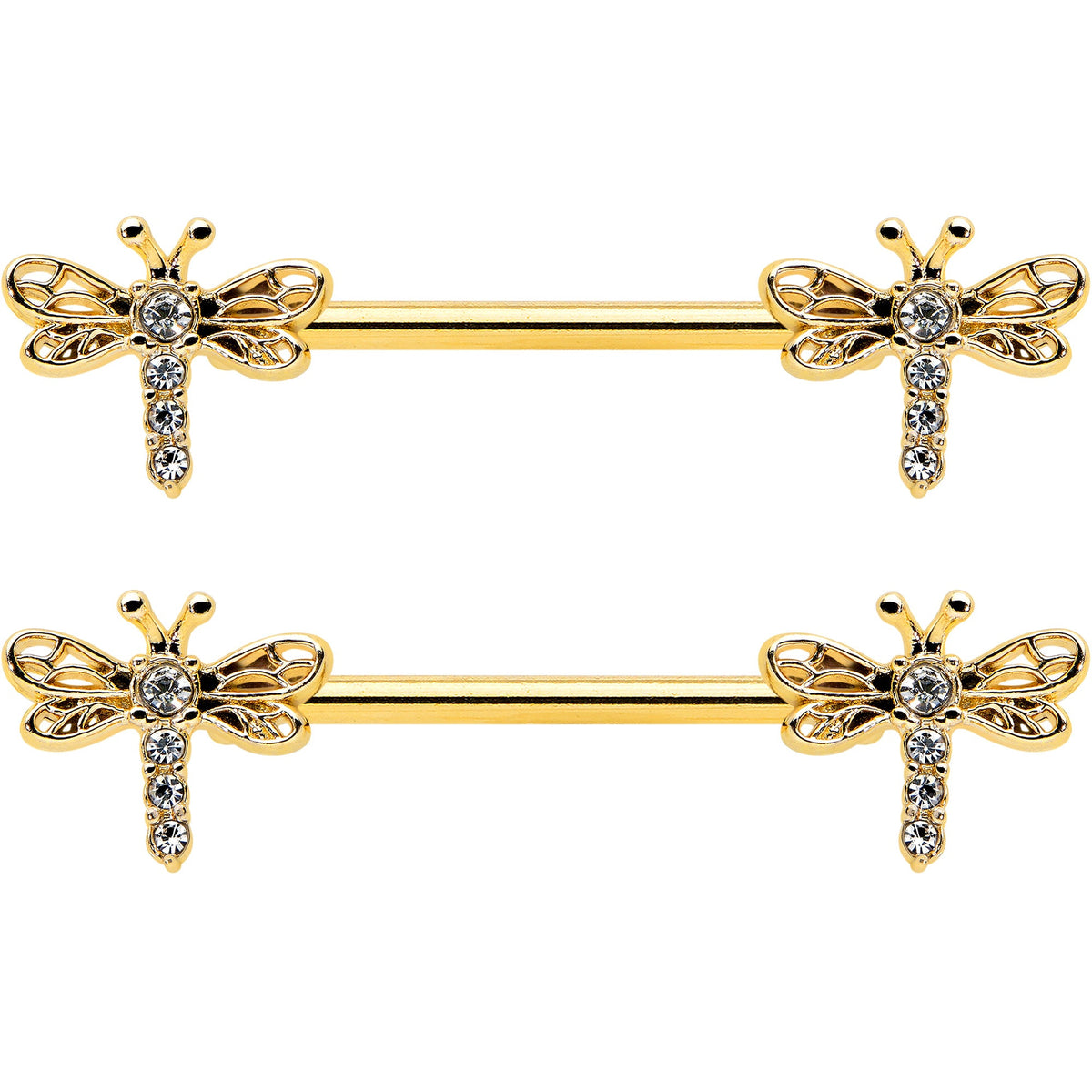 14G 9/16 Clear Gem Gold Tone Flying Dragonfly Nipple Ring Set
