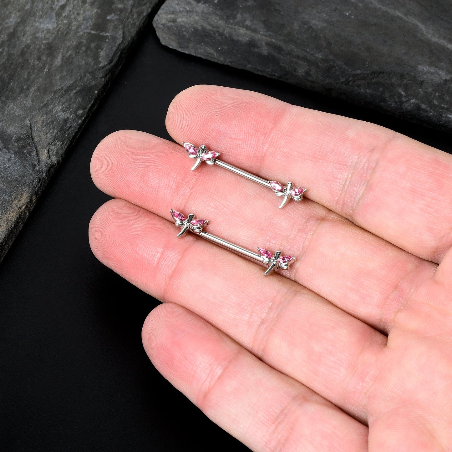 14G 5/8 Pink Gem Simple Styled Dragonfly Barbell Nipple Ring Set