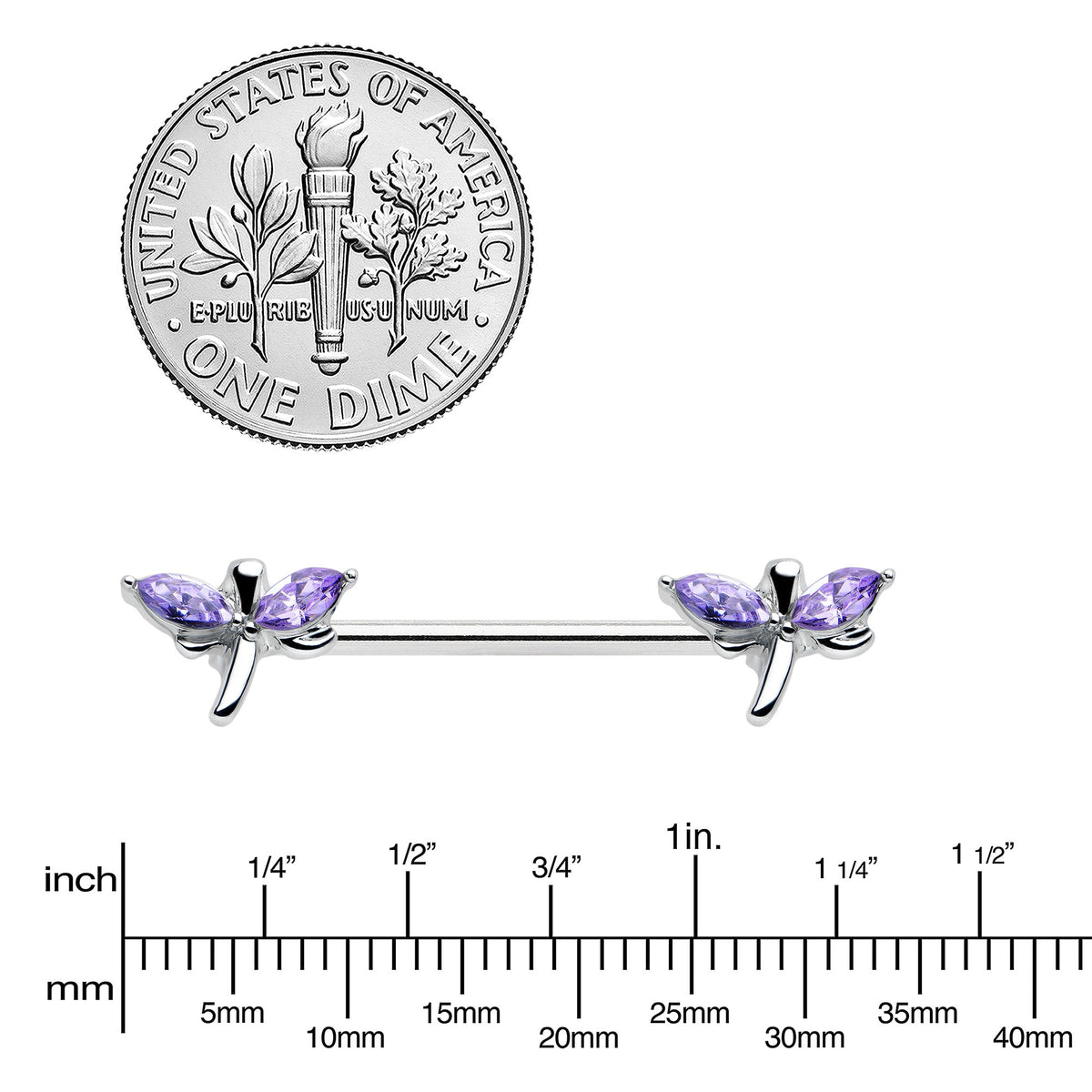 14G 5/8 Purple Gem Simple Styled Dragonfly Barbell Nipple Ring Set