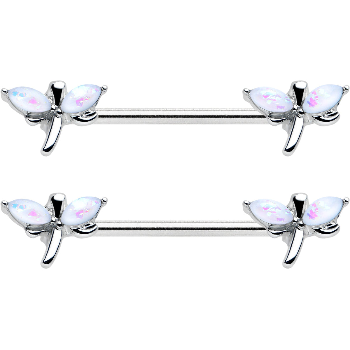 14G 5/8 White Faux Opal Styled Dragonfly Barbell Nipple Ring Set