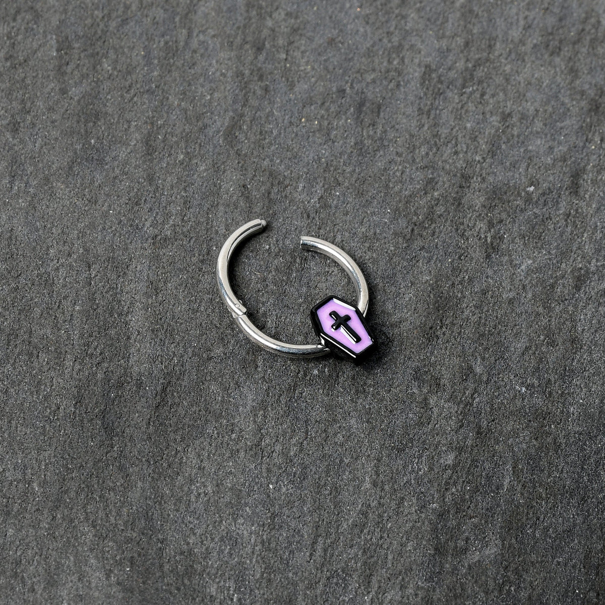 16G 3/8 Creepy Coffin Lt Purple Glow in Dark Hinged Segment Ring