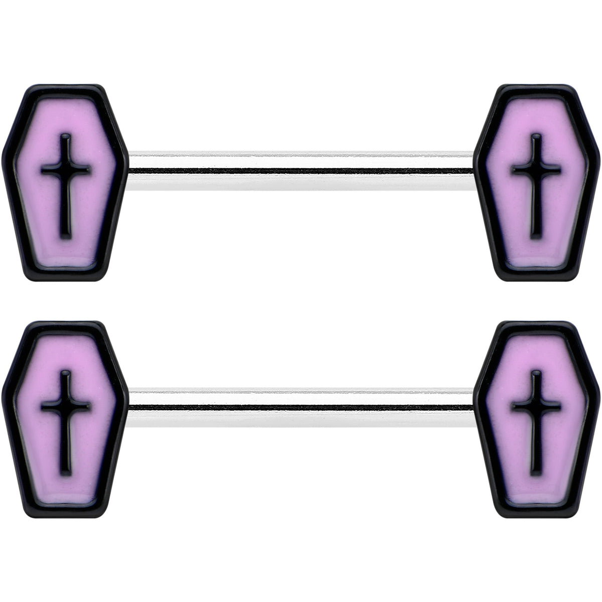 14G 9/16 Creepy Coffin Lt Purple Glow in the Dark Nipple Ring Set