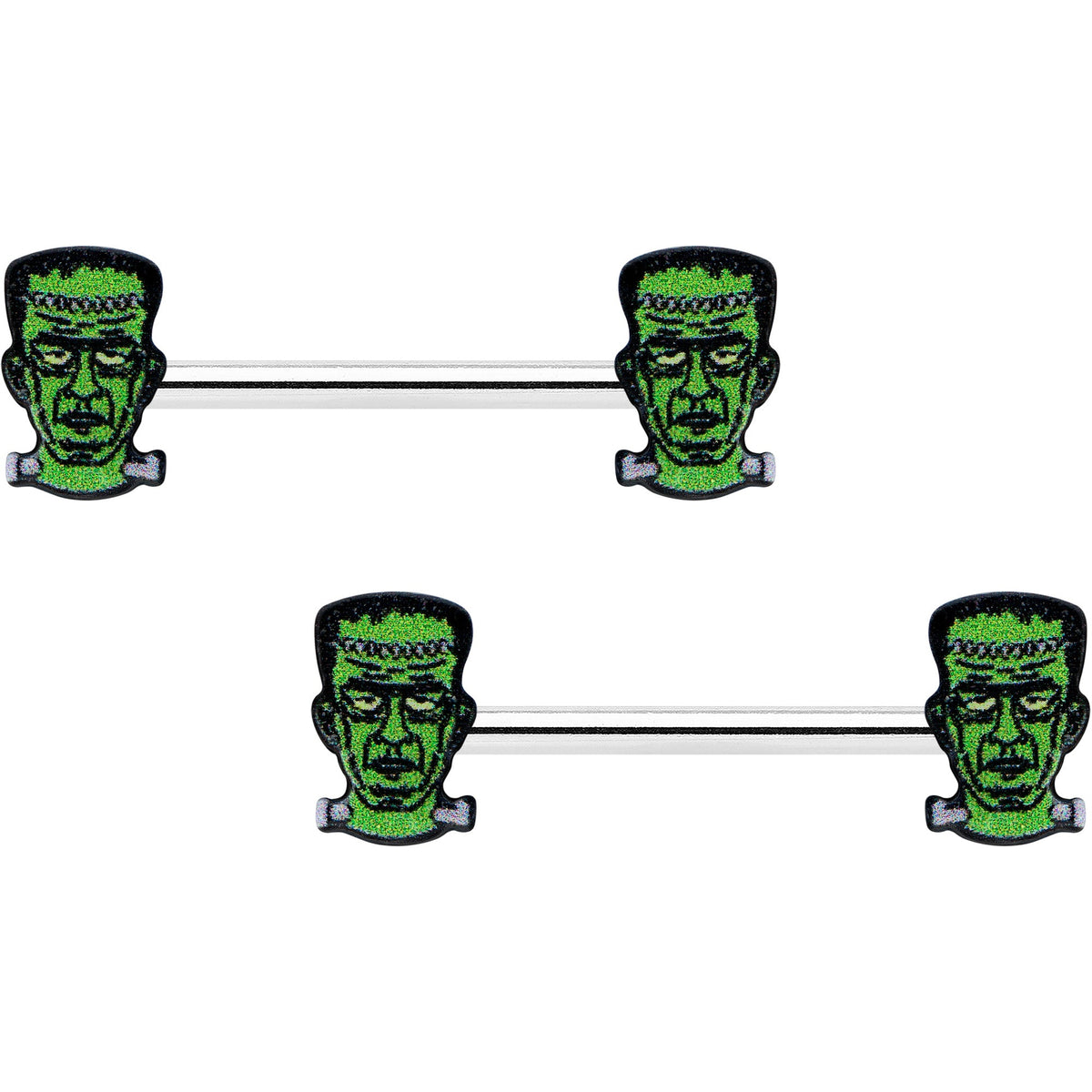 14G 9/16 Frankenstein Head Green Glow in the Dark Nipple Ring Set