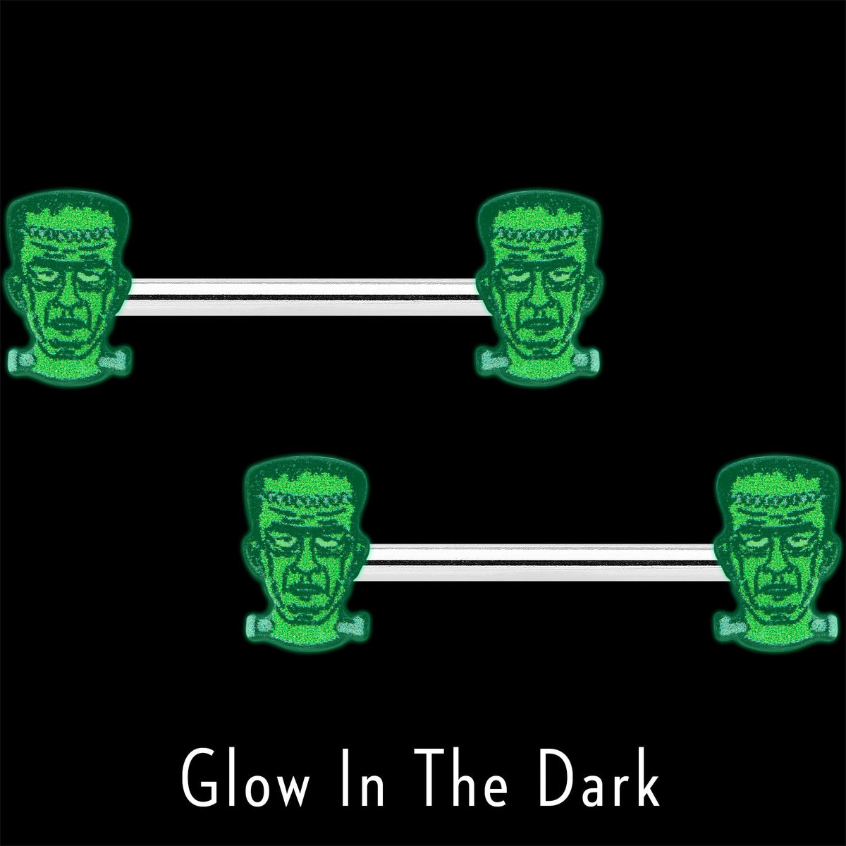 14G 9/16 Frankenstein Head Green Glow in the Dark Nipple Ring Set