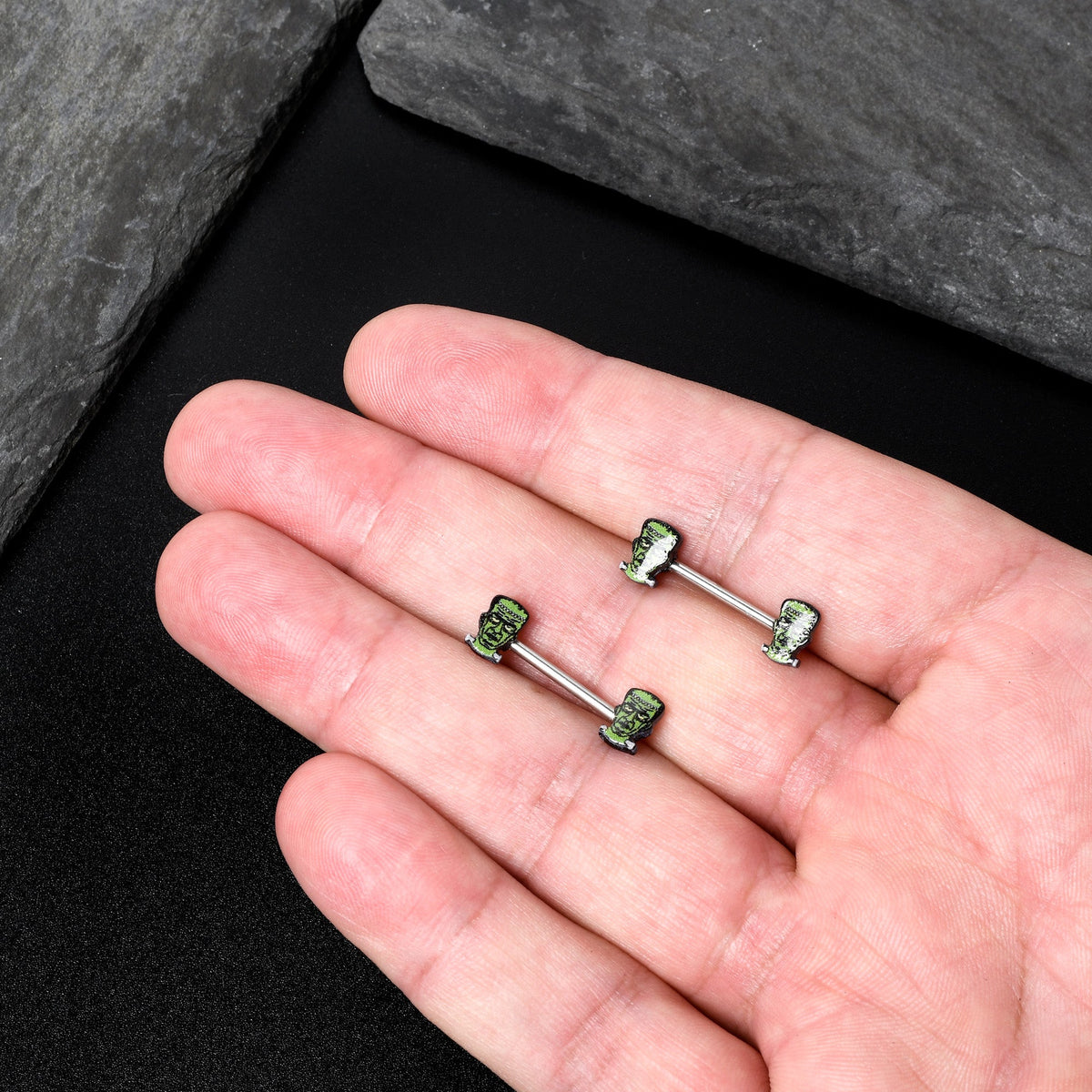 14G 9/16 Frankenstein Head Green Glow in the Dark Nipple Ring Set