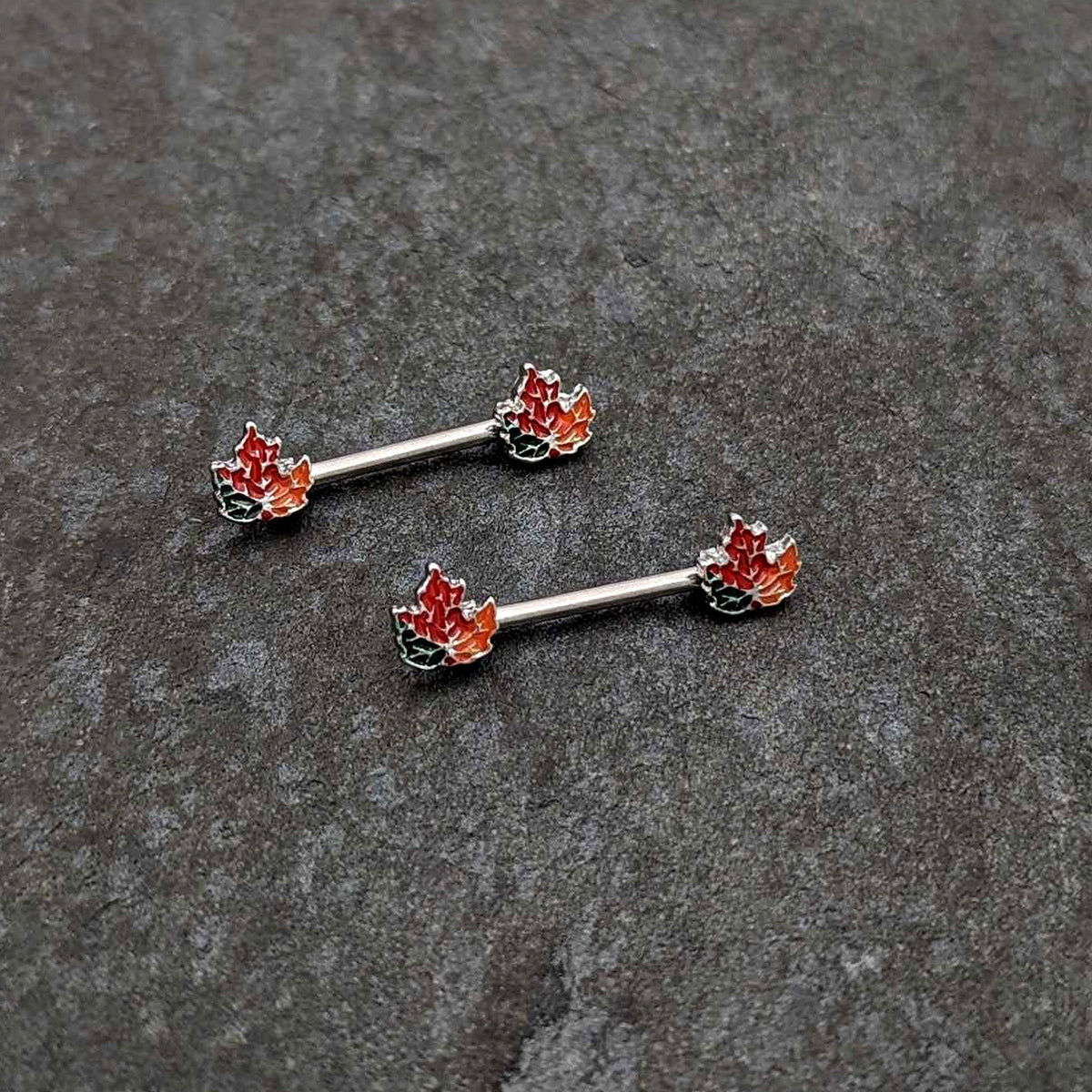 14G 9/16 Autumn Tricolor Maple Leaf Barbell Nipple Ring Set