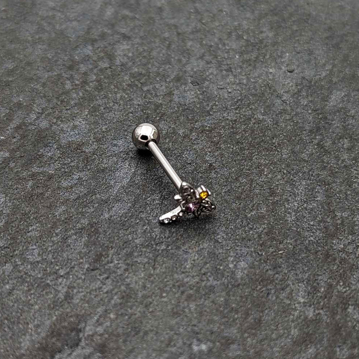 Purple Yellow Clear Gem Dragonfly Barbell Tongue Ring