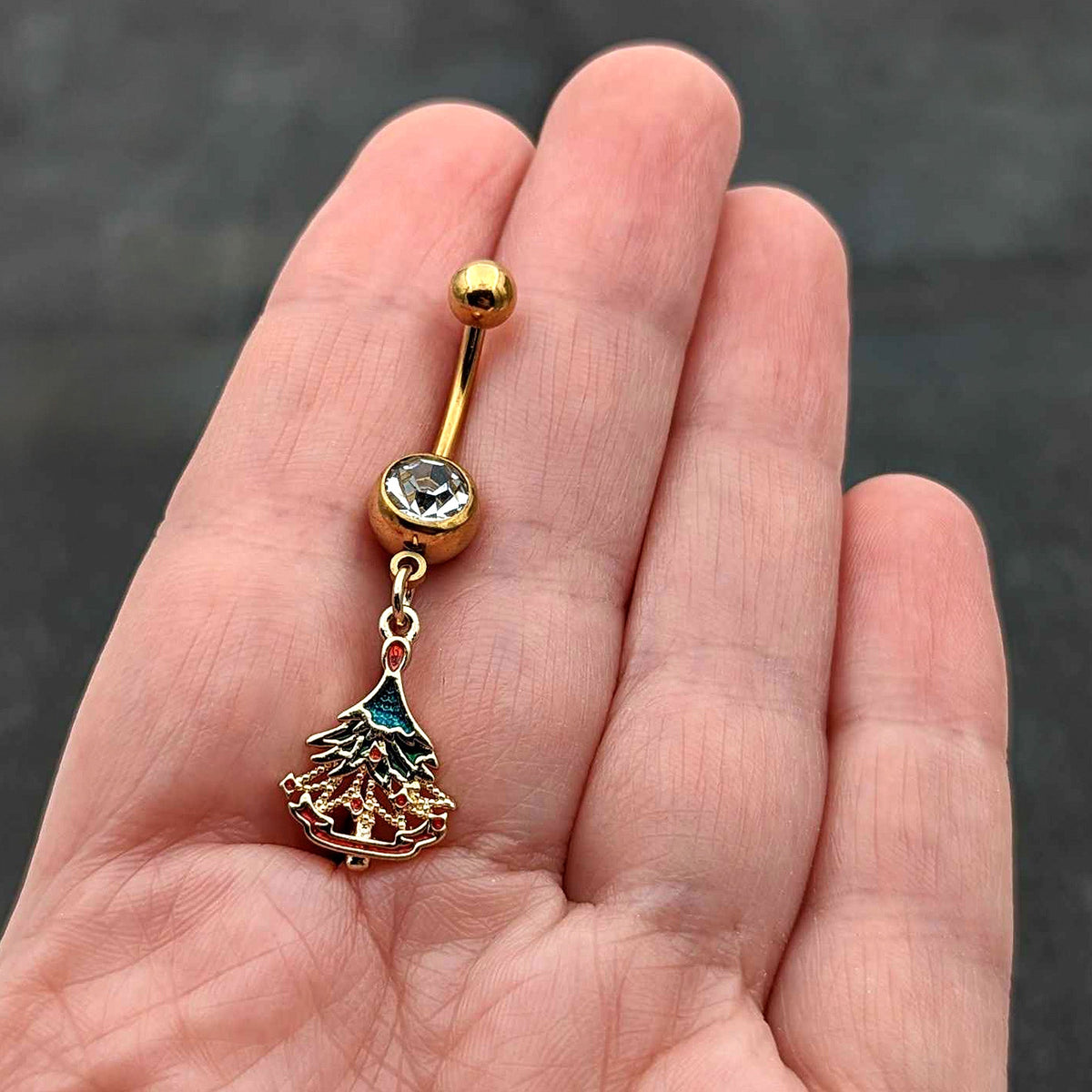 Clear Red Gem Gold Tone Decorated Holiday Tree Dangle Belly Ring