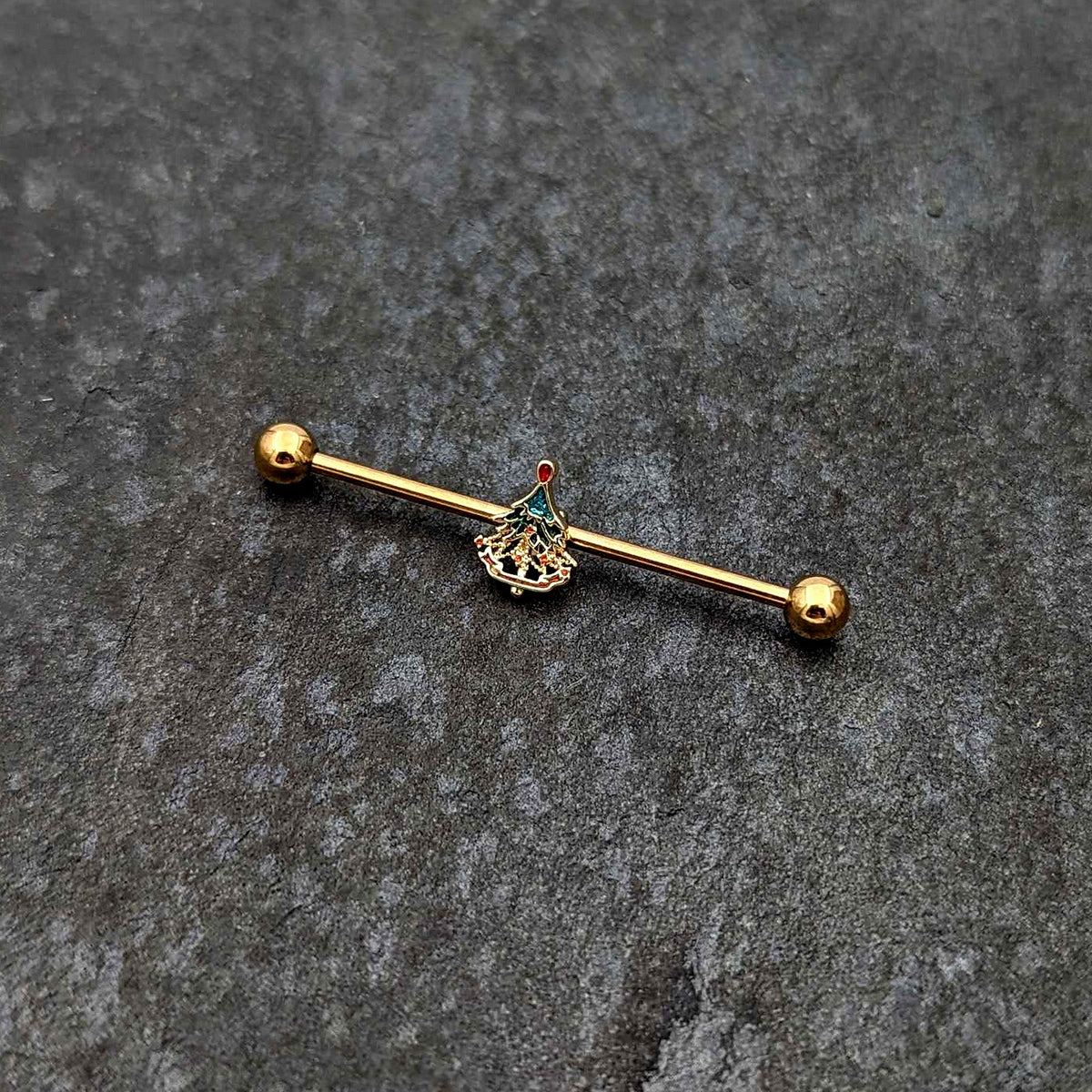 14G Red Gem Gold Tone Deco Holiday Tree Industrial Barbell 38mm