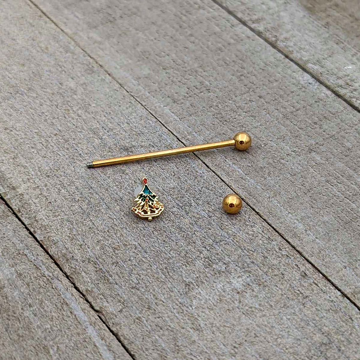 14G Red Gem Gold Tone Deco Holiday Tree Industrial Barbell 38mm