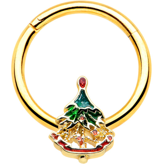 16G 3/8 Red Gem Gold Tone Deco Holiday Tree Hinged Segment Ring