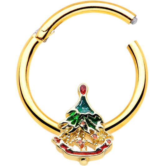 16G 3/8 Red Gem Gold Tone Deco Holiday Tree Hinged Segment Ring