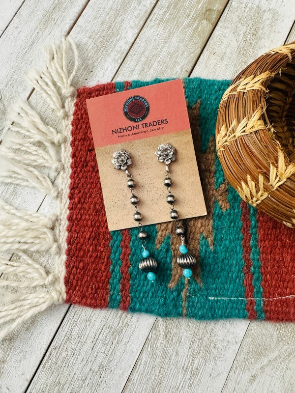 Navajo Turquoise & Sterling Silver Beaded Flower D