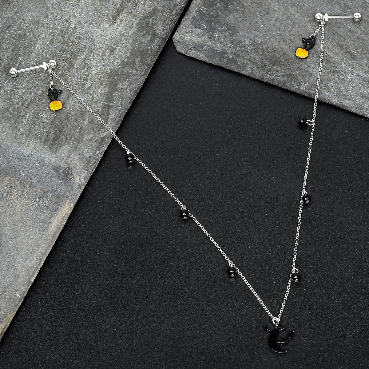 14G 9/16 Pumpkin Black Cat Moon Bats Dangle Halloween Nipple Chain