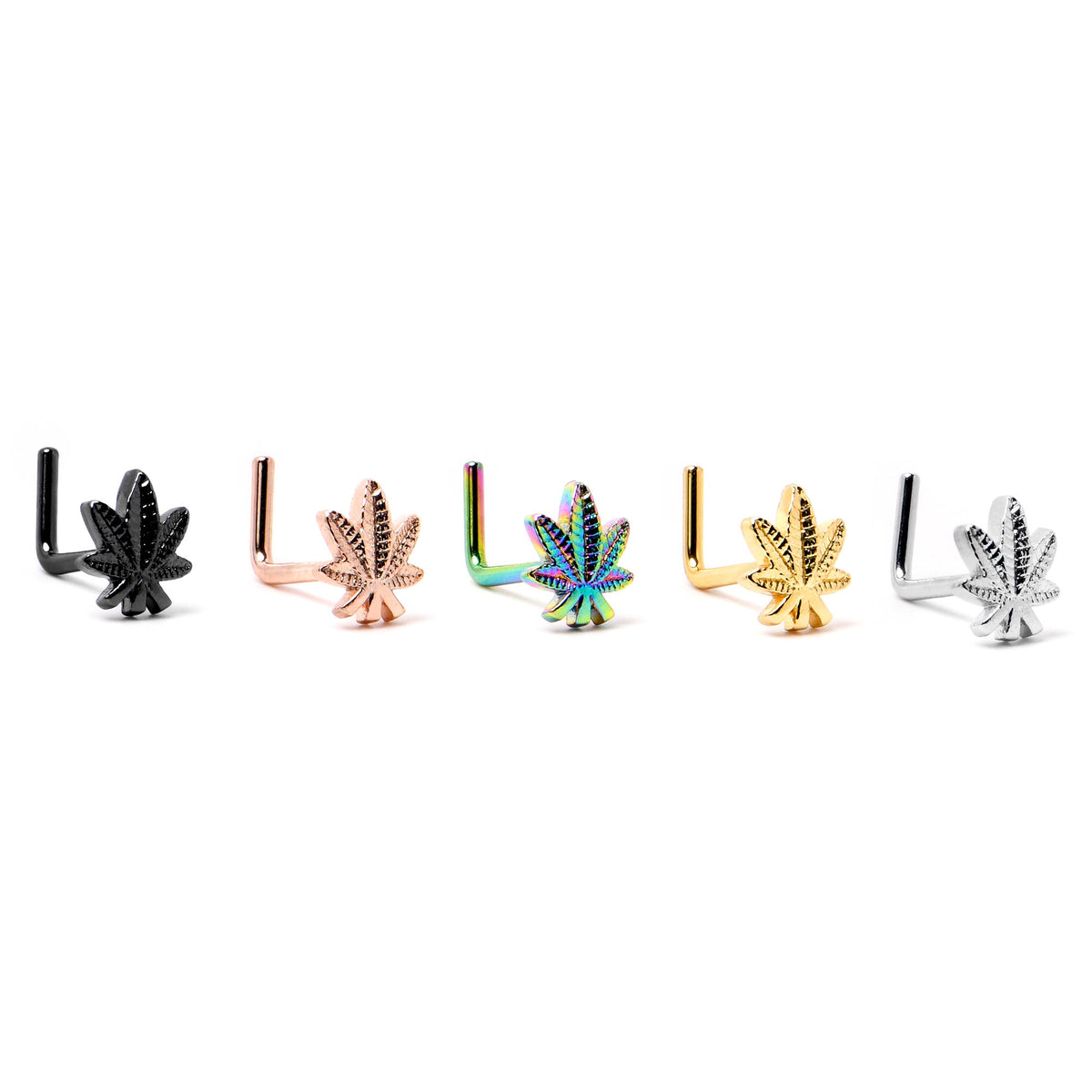 20G 1/4 Rainbow Anodized Texture Pot Leaf L Shape Nose Ring