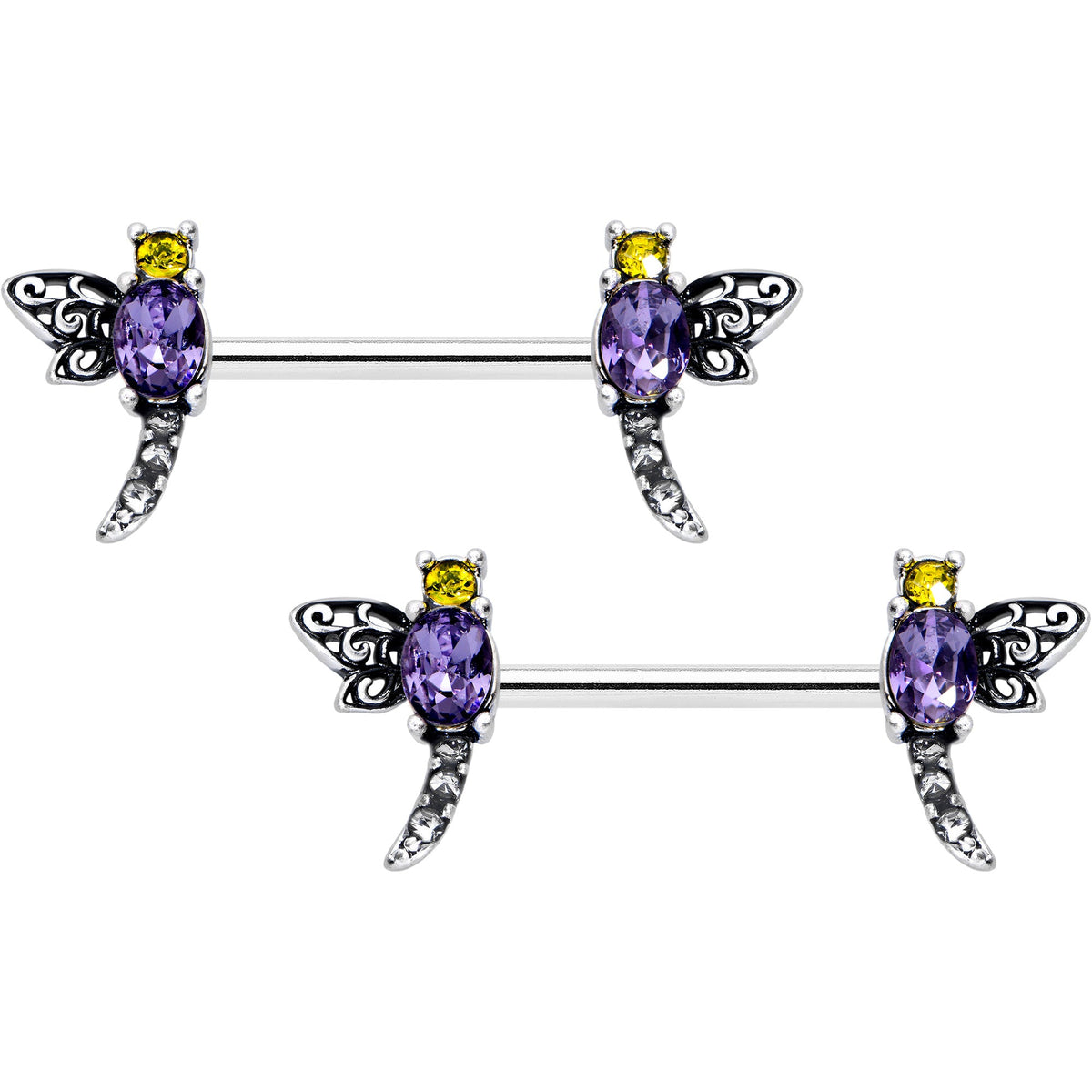 14G 9/16 Purple Yellow Gem Dragonfly Barbell Nipple Ring Set
