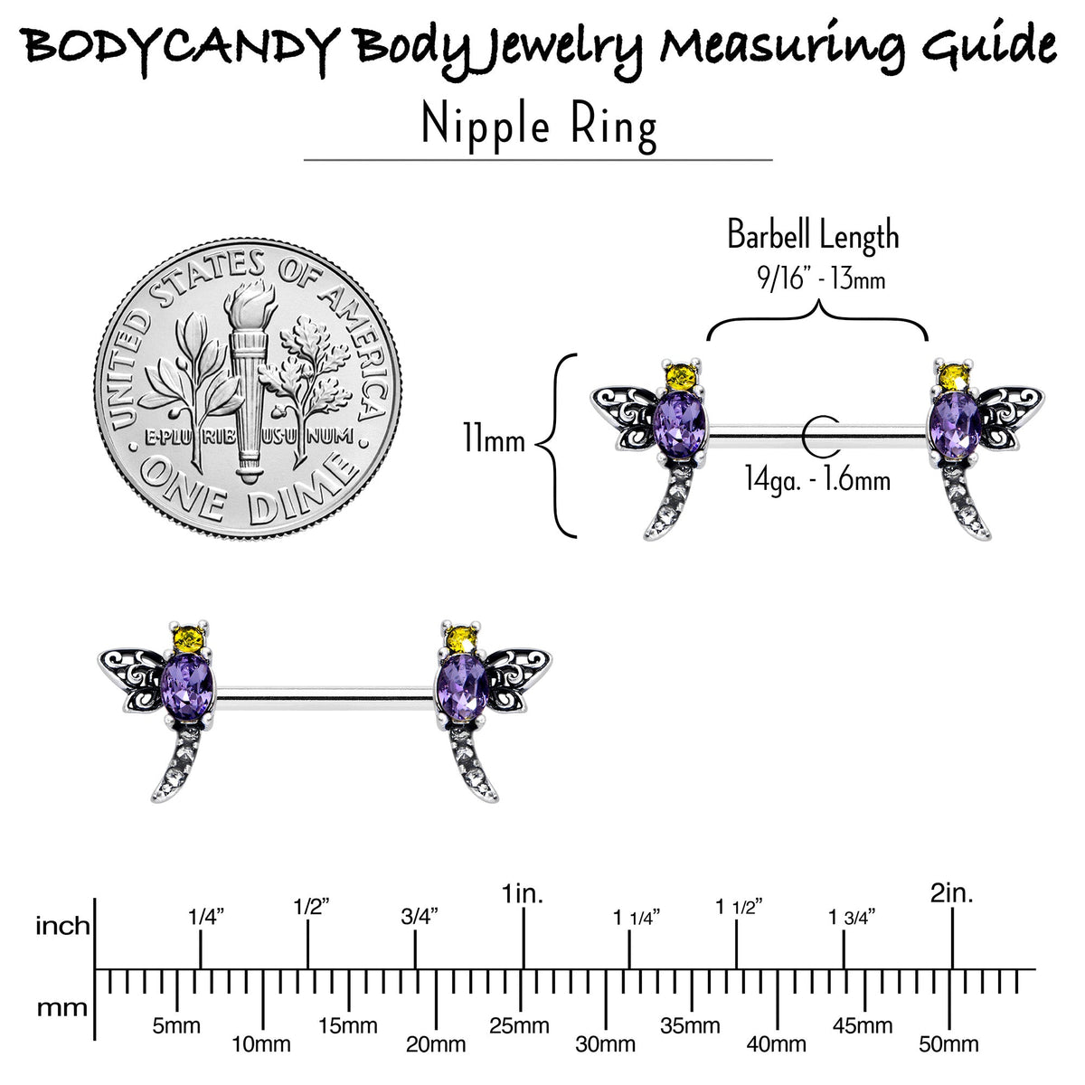 14G 9/16 Purple Yellow Gem Dragonfly Barbell Nipple Ring Set