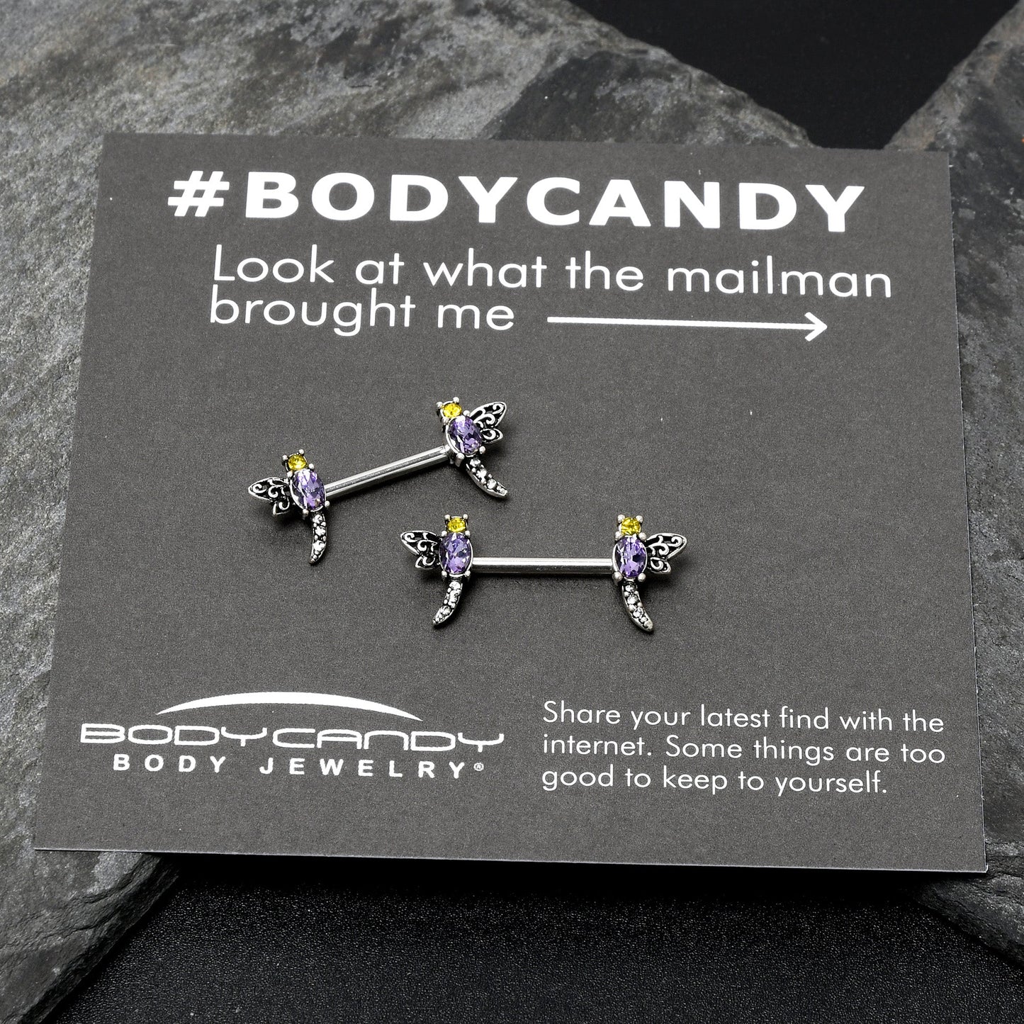 14G 9/16 Purple Yellow Gem Dragonfly Barbell Nipple Ring Set