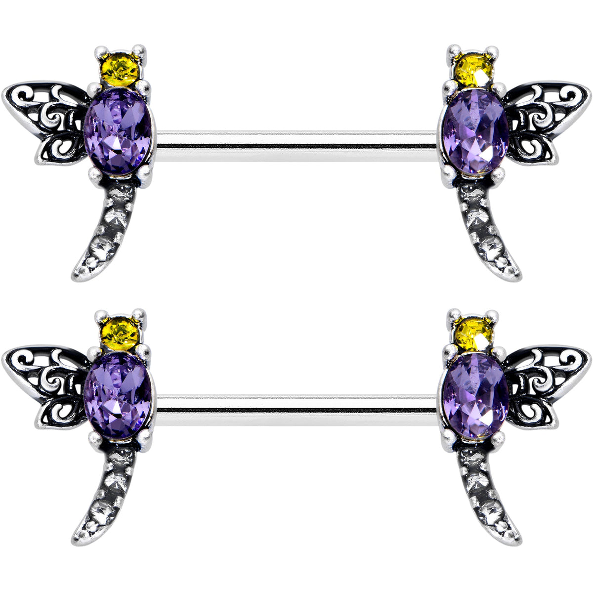 14G 9/16 Purple Yellow Gem Dragonfly Barbell Nipple Ring Set